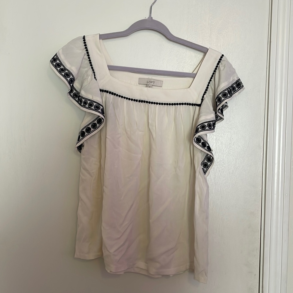 LOFT White Square Neck Ruffle Sleeve Blouse with Black Trim